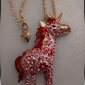 Betsey Johnson Crystal Flower Unicorn Gold Pendant Chain Necklace